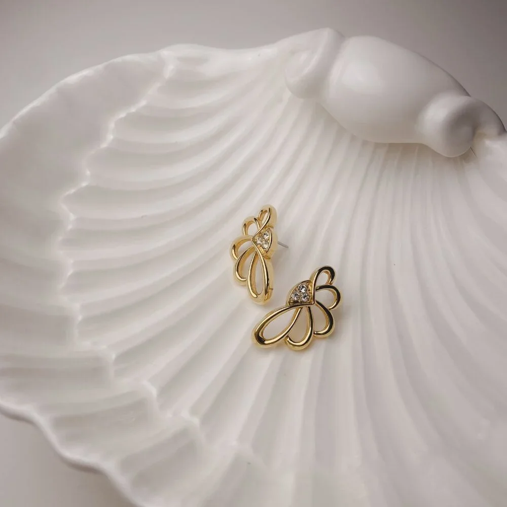 Vintage Avon Art Nouveau Asymmetrical Scallop Fan Shape Gold Rhinestone Earrings - Picture 8 of 8
